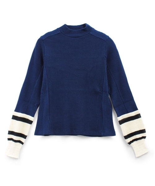 RNA(アールエヌエー)の「M0576 ラインボーダーフライスプルオーバー(ニット/セーター・レディース・キナリ/ダークブルー/ブラック・MEDIUM)」の1枚目の写真