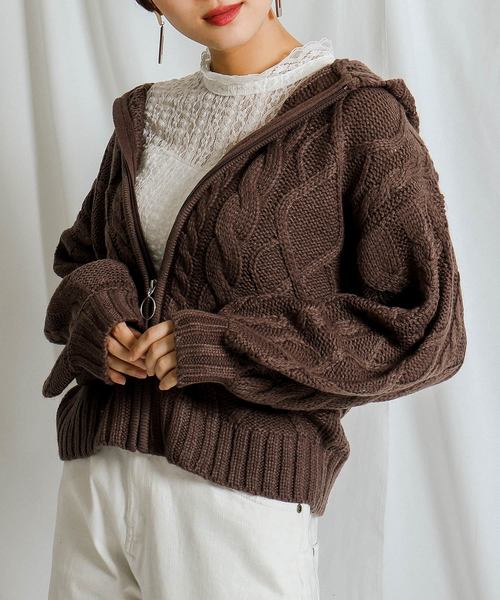Fashion Letter(ファッションレター)の「ケーブル編みニットフーディーカーディガン(カーディガン)」|ブラウン