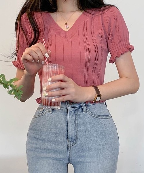 SONA（ソナ）の「SONYUNARA フリルクロップ半袖Ｖネックニット（Tシャツ/カットソー・レディース・ブラック/クリーム/ミント/マスタード/ピンク・FREE）」の5枚目の写真