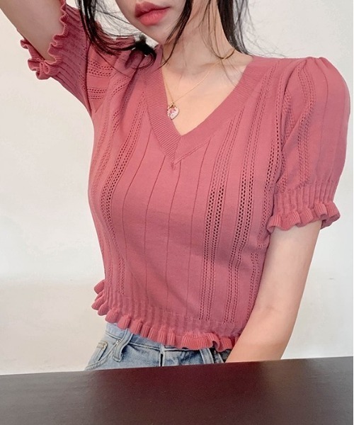 SONA（ソナ）の「SONYUNARA フリルクロップ半袖Ｖネックニット（Tシャツ/カットソー・レディース・ブラック/クリーム/ミント/マスタード/ピンク・FREE）」の14枚目の写真