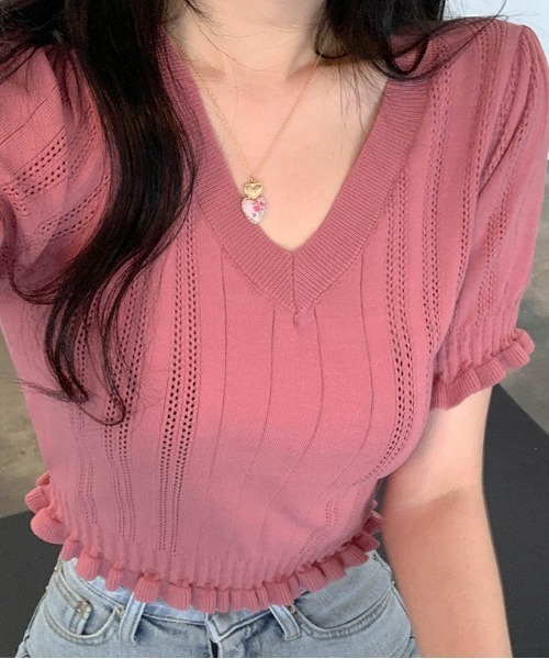 SONA（ソナ）の「SONYUNARA フリルクロップ半袖Ｖネックニット（Tシャツ/カットソー・レディース・ブラック/クリーム/ミント/マスタード/ピンク・FREE）」の15枚目の写真