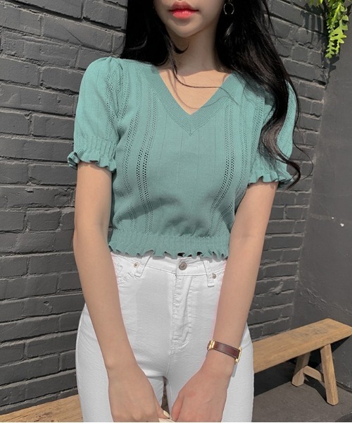 SONA（ソナ）の「SONYUNARA フリルクロップ半袖Ｖネックニット（Tシャツ/カットソー・レディース・ブラック/クリーム/ミント/マスタード/ピンク・FREE）」の7枚目の写真