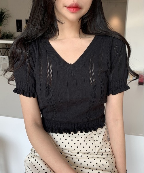 SONA（ソナ）の「SONYUNARA フリルクロップ半袖Ｖネックニット（Tシャツ/カットソー・レディース・ブラック/クリーム/ミント/マスタード/ピンク・FREE）」の18枚目の写真