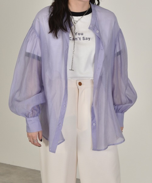 w closet（ダブルクローゼット）の「バンドカラーシアーシャツ（シャツ/ブラウス・レディース・スモークグレー/ラベンダー/ライトグリーン/ベージュ/アイボリー/グリーン・FREE）」の21枚目の写真