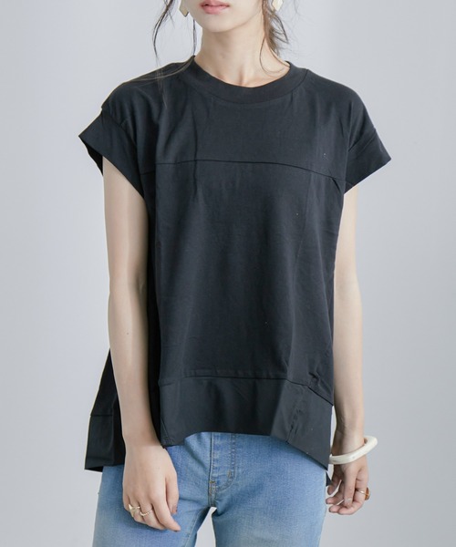 デニム地切替飾りボタンフィッシュテールTシャツカットソー 36-1838