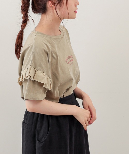 PUAL CE CIN（ピュアルセシン）の「ピグメント染め×ロゴプリントTシャツ（Tシャツ/カットソー・レディース・ベージュ/グレー/スミクロ/オリーブ系・FREE）」の6枚目の写真