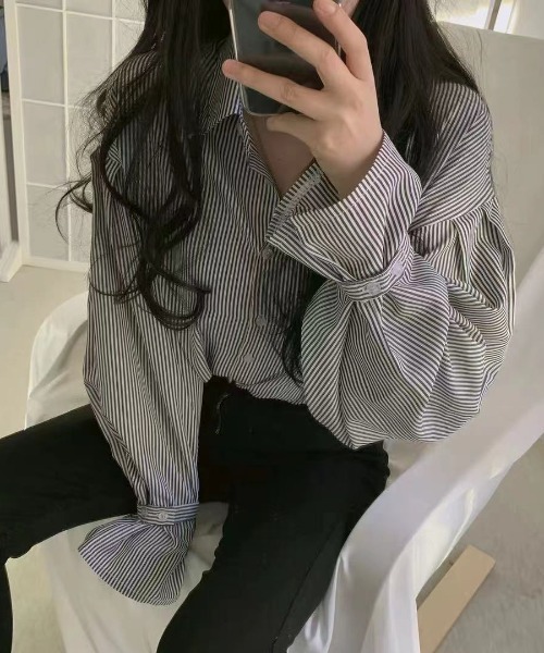 Diosfront（ディオスフロント）の「ストライプオーバールーズシャツ（シャツ/ブラウス・レディース・ブラック/ブルー/グリーン/ピンク/レッド・S/M/L）」の11枚目の写真