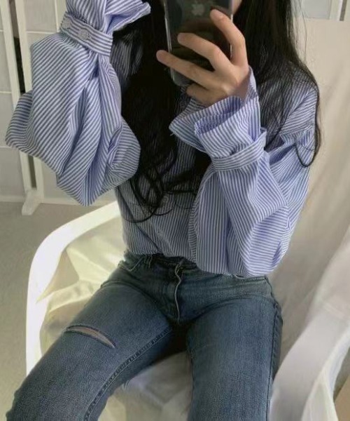 Diosfront（ディオスフロント）の「ストライプオーバールーズシャツ（シャツ/ブラウス・レディース・ブラック/ブルー/グリーン/ピンク/レッド・S/M/L）」の22枚目の写真