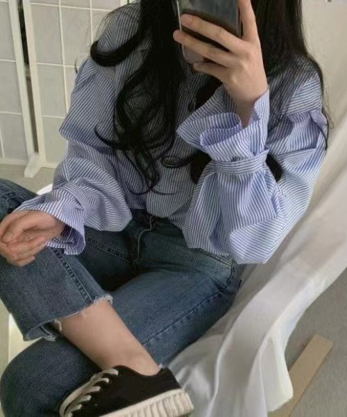 Diosfront（ディオスフロント）の「ストライプオーバールーズシャツ（シャツ/ブラウス・レディース・ブラック/ブルー/グリーン/ピンク/レッド・S/M/L）」の9枚目の写真