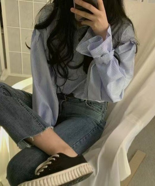 Diosfront（ディオスフロント）の「ストライプオーバールーズシャツ（シャツ/ブラウス・レディース・ブラック/ブルー/グリーン/ピンク/レッド・S/M/L）」の20枚目の写真