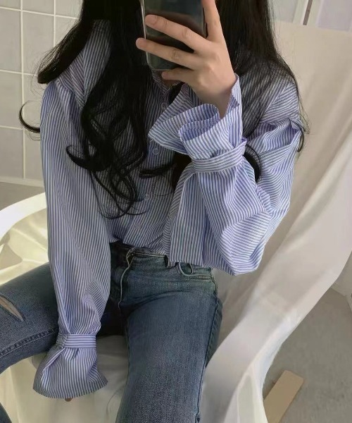 Diosfront（ディオスフロント）の「ストライプオーバールーズシャツ（シャツ/ブラウス・レディース・ブラック/ブルー/グリーン/ピンク/レッド・S/M/L）」の17枚目の写真