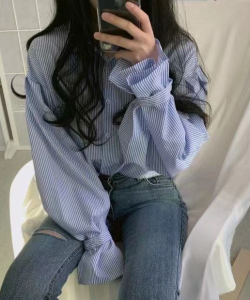 Diosfront（ディオスフロント）の「ストライプオーバールーズシャツ（シャツ/ブラウス・レディース・ブラック/ブルー/グリーン/ピンク/レッド・S/M/L）」の14枚目の写真