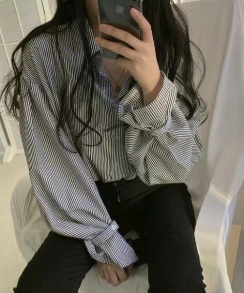 Diosfront（ディオスフロント）の「ストライプオーバールーズシャツ（シャツ/ブラウス・レディース・ブラック/ブルー/グリーン/ピンク/レッド・S/M/L）」の7枚目の写真