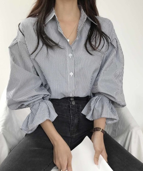 Diosfront（ディオスフロント）の「ストライプオーバールーズシャツ（シャツ/ブラウス・レディース・ブラック/ブルー/グリーン/ピンク/レッド・S/M/L）」の19枚目の写真