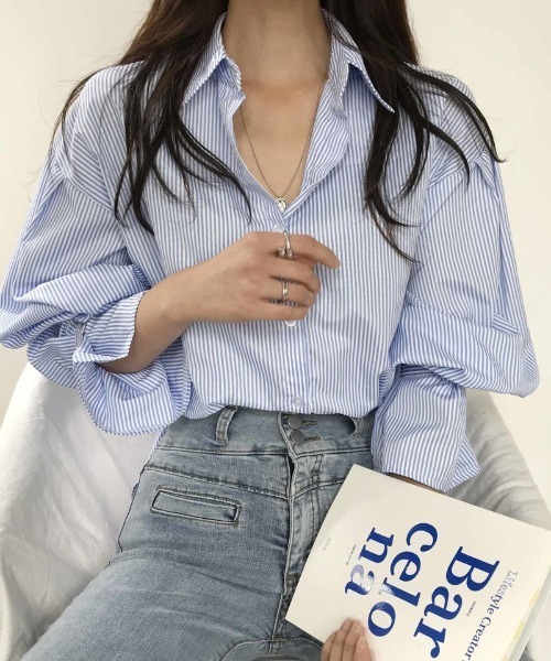 Diosfront（ディオスフロント）の「ストライプオーバールーズシャツ（シャツ/ブラウス・レディース・ブラック/ブルー/グリーン/ピンク/レッド・S/M/L）」の16枚目の写真