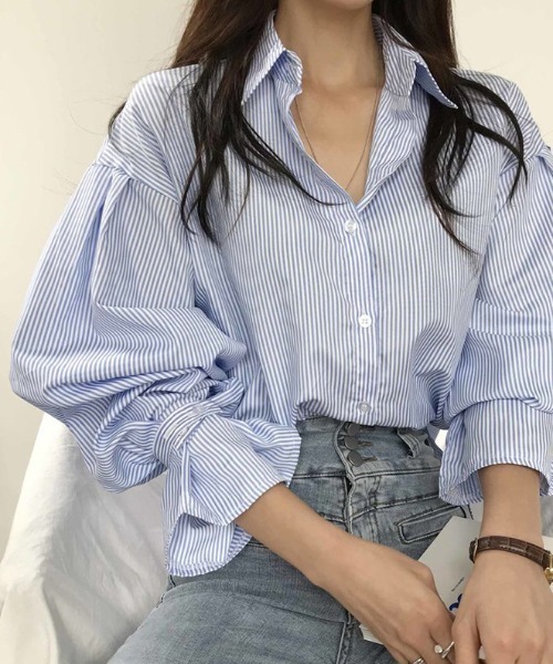 Diosfront（ディオスフロント）の「ストライプオーバールーズシャツ（シャツ/ブラウス・レディース・ブラック/ブルー/グリーン/ピンク/レッド・S/M/L）」の8枚目の写真