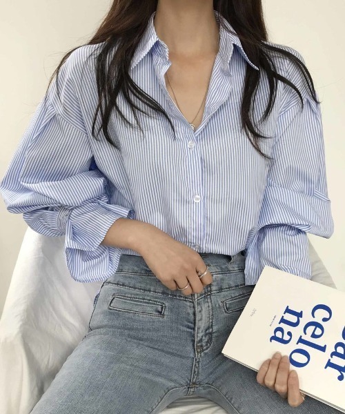 Diosfront（ディオスフロント）の「ストライプオーバールーズシャツ（シャツ/ブラウス・レディース・ブラック/ブルー/グリーン/ピンク/レッド・S/M/L）」の13枚目の写真