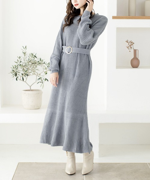 Julia Boutique（ジュリアブティック）の「ベルト付きローゲージニットマーメイドワンピース/21592（ワンピース・レディース・ベージュ/ブラック/アイボリー/ブルー・ONE）」の4枚目の写真