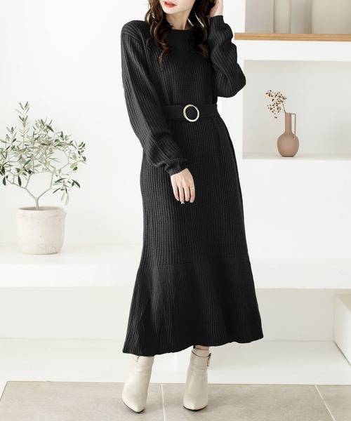 Julia Boutique（ジュリアブティック）の「ベルト付きローゲージニットマーメイドワンピース/21592（ワンピース・レディース・ベージュ/ブラック/アイボリー/ブルー・ONE）」の3枚目の写真