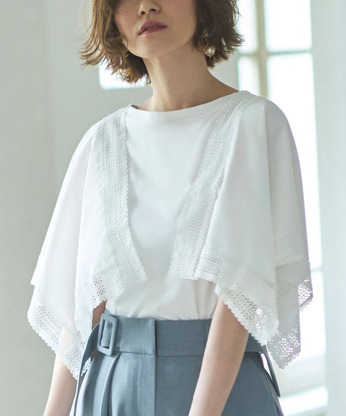 RUIRUE BOUTIQUE（ルイルエブティック）の「ハンカチスリーブTシャツ ｜ 半袖 ボートネック トップス 体型カバー  オフィスカジュアル 通勤服 華やか Tシャツ（Tシャツ/カットソー・レディース・ブラック/オフホワイト/ブルーグレー/ネイビー/スミクロ・LL/3L/S/M/L/4L/5L）」の2枚目の写真
