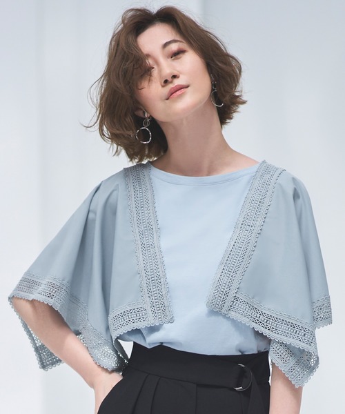 RUIRUE BOUTIQUE（ルイルエブティック）の「ハンカチスリーブTシャツ ｜ 半袖 ボートネック トップス 体型カバー  オフィスカジュアル 通勤服 華やか Tシャツ（Tシャツ/カットソー・レディース・ブラック/オフホワイト/ブルーグレー/ネイビー/スミクロ・LL/3L/S/M/L/4L/5L）」の6枚目の写真