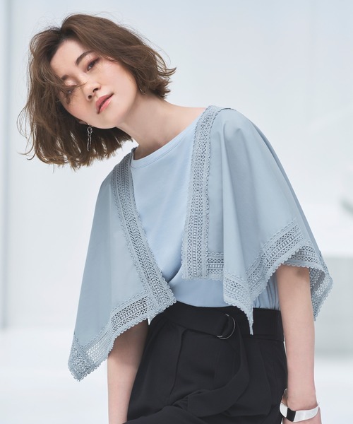RUIRUE BOUTIQUE（ルイルエブティック）の「ハンカチスリーブTシャツ ｜ 半袖 ボートネック トップス 体型カバー  オフィスカジュアル 通勤服 華やか Tシャツ（Tシャツ/カットソー・レディース・ブラック/オフホワイト/ブルーグレー/ネイビー/スミクロ・LL/3L/S/M/L/4L/5L）」の8枚目の写真