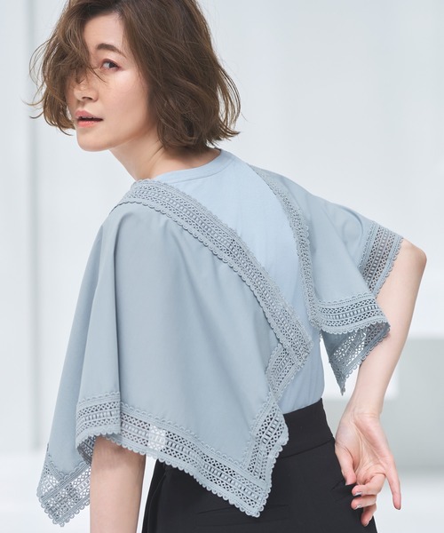 RUIRUE BOUTIQUE（ルイルエブティック）の「ハンカチスリーブTシャツ ｜ 半袖 ボートネック トップス 体型カバー  オフィスカジュアル 通勤服 華やか Tシャツ（Tシャツ/カットソー・レディース・ブラック/オフホワイト/ブルーグレー/ネイビー/スミクロ・LL/3L/S/M/L/4L/5L）」の9枚目の写真