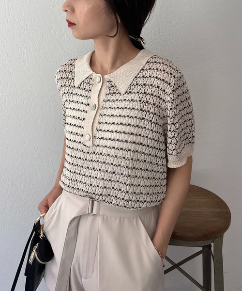 CAPRICIEUX LE'MAGE（カプリシューレマージュ）の「透かしボーダー襟付ニット（ニット/セーター・レディース・ブラック/ホワイト系その他・FREE）」の4枚目の写真