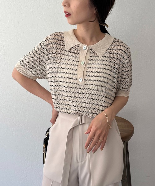 CAPRICIEUX LE'MAGE（カプリシューレマージュ）の「透かしボーダー襟付ニット（ニット/セーター・レディース・ブラック/ホワイト系その他・FREE）」の14枚目の写真