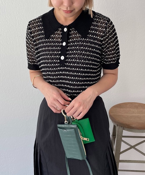 CAPRICIEUX LE'MAGE（カプリシューレマージュ）の「透かしボーダー襟付ニット（ニット/セーター・レディース・ブラック/ホワイト系その他・FREE）」の12枚目の写真