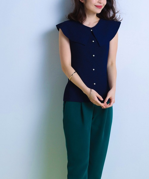RANAN（ラナン）の「パール調ボタンビッグカラーニット（ニット/セーター・レディース・グリーン/ネイビー・L/LL/M）」の16枚目の写真