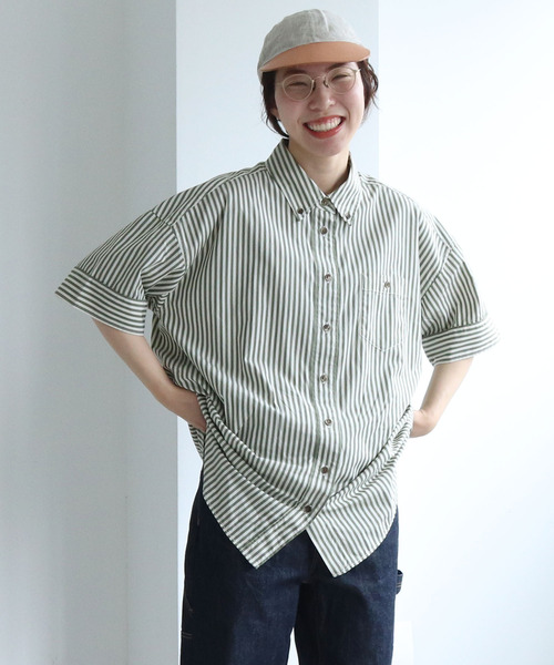 PAR ICI(パーリッシィ)の「【WEB別注】ストライプ/チェック ボタンダウン5分袖BIGシャツ(シャツ/ブラウス・レディース・グリーン/カーキ/ベージュ・FREE)」の1枚目の写真