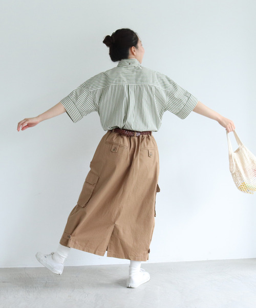 PAR ICI(パーリッシィ)の「【WEB別注】ストライプ/チェック ボタンダウン5分袖BIGシャツ(シャツ/ブラウス・レディース・グリーン/カーキ/ベージュ・FREE)」の13枚目の写真
