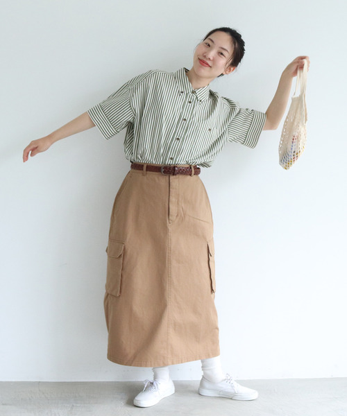 PAR ICI(パーリッシィ)の「【WEB別注】ストライプ/チェック ボタンダウン5分袖BIGシャツ(シャツ/ブラウス・レディース・グリーン/カーキ/ベージュ・FREE)」の12枚目の写真