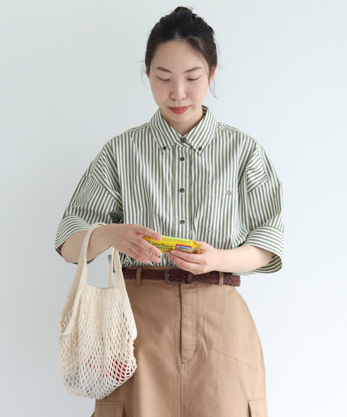 PAR ICI(パーリッシィ)の「【WEB別注】ストライプ/チェック ボタンダウン5分袖BIGシャツ(シャツ/ブラウス・レディース・グリーン/カーキ/ベージュ・FREE)」の5枚目の写真