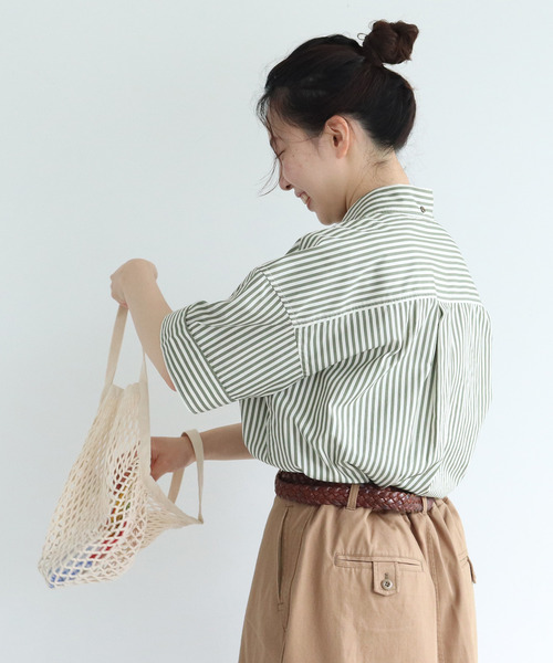PAR ICI(パーリッシィ)の「【WEB別注】ストライプ/チェック ボタンダウン5分袖BIGシャツ(シャツ/ブラウス・レディース・グリーン/カーキ/ベージュ・FREE)」の6枚目の写真
