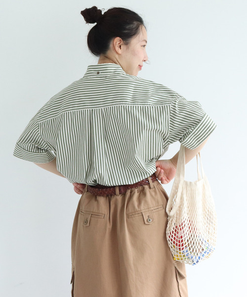 PAR ICI(パーリッシィ)の「【WEB別注】ストライプ/チェック ボタンダウン5分袖BIGシャツ(シャツ/ブラウス・レディース・グリーン/カーキ/ベージュ・FREE)」の7枚目の写真