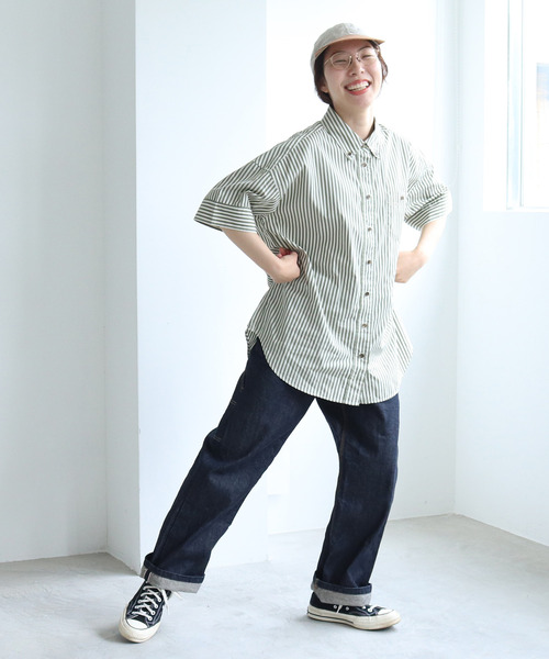 PAR ICI(パーリッシィ)の「【WEB別注】ストライプ/チェック ボタンダウン5分袖BIGシャツ(シャツ/ブラウス・レディース・グリーン/カーキ/ベージュ・FREE)」の19枚目の写真