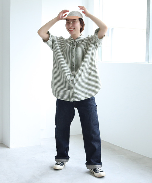 PAR ICI(パーリッシィ)の「【WEB別注】ストライプ/チェック ボタンダウン5分袖BIGシャツ(シャツ/ブラウス・レディース・グリーン/カーキ/ベージュ・FREE)」の20枚目の写真