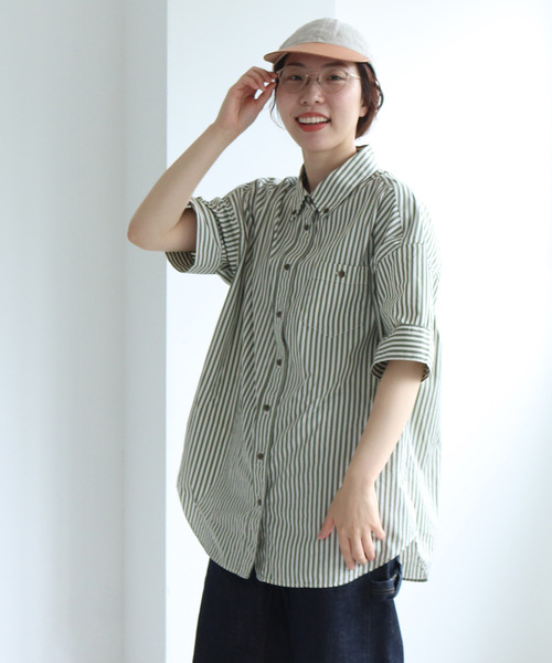 PAR ICI(パーリッシィ)の「【WEB別注】ストライプ/チェック ボタンダウン5分袖BIGシャツ(シャツ/ブラウス・レディース・グリーン/カーキ/ベージュ・FREE)」の16枚目の写真