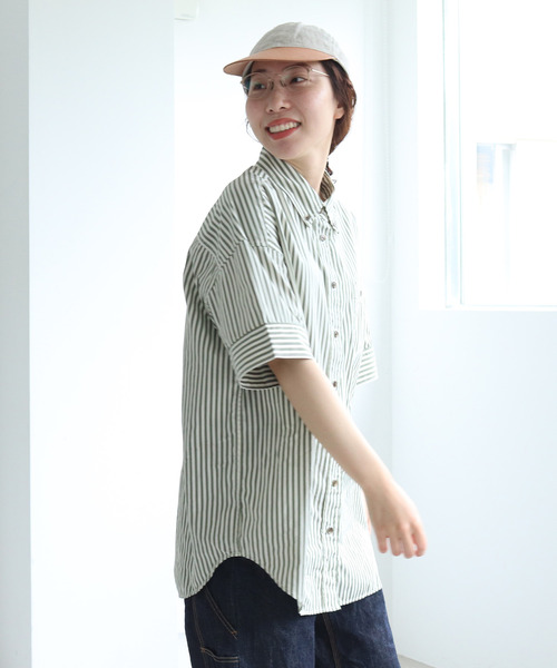 PAR ICI(パーリッシィ)の「【WEB別注】ストライプ/チェック ボタンダウン5分袖BIGシャツ(シャツ/ブラウス・レディース・グリーン/カーキ/ベージュ・FREE)」の17枚目の写真