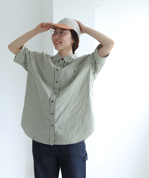 PAR ICI(パーリッシィ)の「【WEB別注】ストライプ/チェック ボタンダウン5分袖BIGシャツ(シャツ/ブラウス・レディース・グリーン/カーキ/ベージュ・FREE)」の15枚目の写真