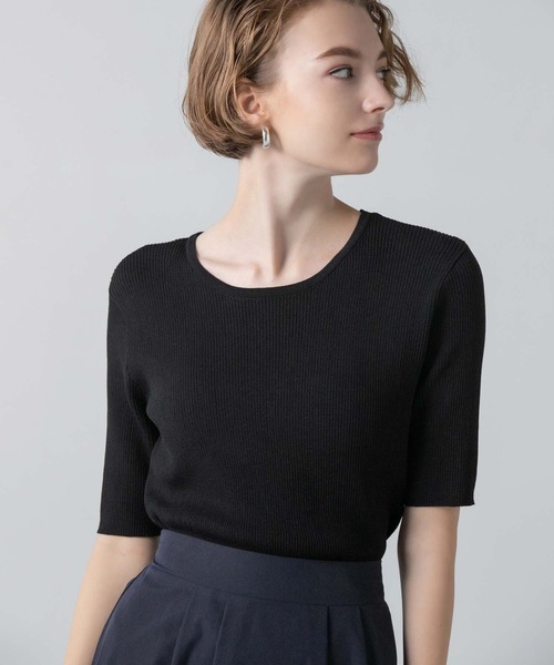 CEDNIE（セドニー）の「ハーフスリーブリブニット（ニット/セーター・レディース・ホワイト/ブラック・M）」の2枚目の写真