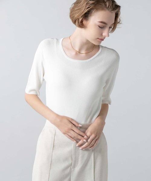 CEDNIE（セドニー）の「ハーフスリーブリブニット（ニット/セーター・レディース・ホワイト/ブラック・M）」の9枚目の写真