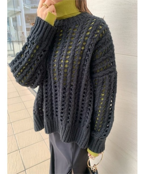 rienda(リエンダ)の「2WAYネッククロシェニットトップス(ニット/セーター・レディース・オレンジ/ベージュ/アイボリー/ブラック・FREE)」の2枚目の写真