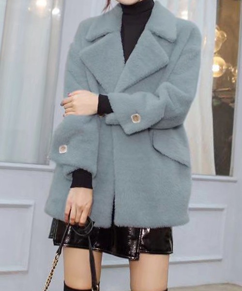 DAY CLOSET（デイ クローゼット）の「レディース ビッグカラーオーバーサイズエコファーピーコート（ピーコート・レディース・ピンク/ブルー/クリーム/グレイッシュベージュ・S/L/M）」の17枚目の写真