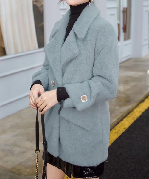 DAY CLOSET（デイ クローゼット）の「レディース ビッグカラーオーバーサイズエコファーピーコート（ピーコート・レディース・ピンク/ブルー/クリーム/グレイッシュベージュ・S/L/M）」の18枚目の写真