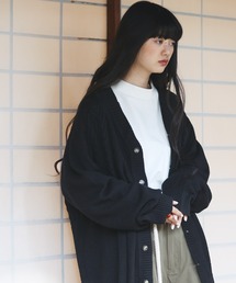オーバーサイズ ケーブル編み 切替デザイン Vネック カーディガン