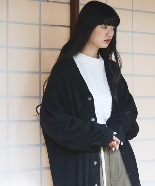 【セール】オーバーサイズ ケーブル編み 切替デザイン Vネック カーディガン（カーディガン/ボレロ）｜Air Tokyo（エアートウキョー）