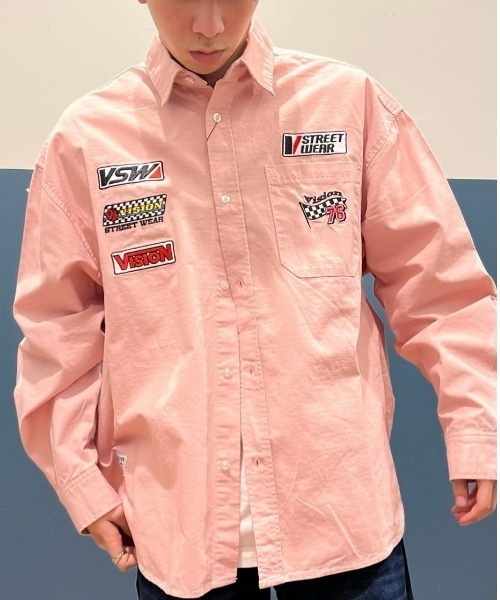 VISION STREET WEAR(ヴィジョンストリートウェア)の「【VISION STREET】レーシングリップシャツ(シャツ/ブラウス・メンズ・オフホワイト/グリーン/ピンク・M/L/XL)」の1枚目の写真